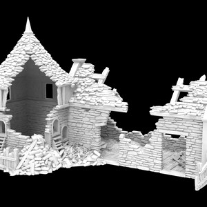 May include: A white, 3D printed model of a ruined stone building. The building has a collapsed roof and broken walls. The model is designed for tabletop gaming.