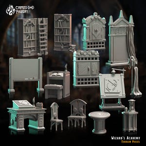 May include: A set of 12 gray 3D printed miniature furniture pieces for a wizard's academy, including a desk, chairs, a bookshelf, a chalkboard, a cabinet, and a table. The pieces are designed for tabletop role-playing games.