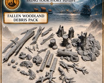 Puede incluir: Una colección de escombros forestales en miniatura de color gris que incluye tocones de árboles, troncos caídos, ramas y rocas. El set está etiquetado como Centrion Studio, Bring Your Story To Life y Fallen Woodland Debris Pack, con texturas detalladas.