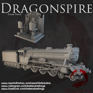 May include: A gray, detailed model of a steam train with the words "DragonSpire Steam Train" printed on the top. The train is on a black background.
