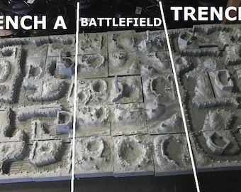 May include: A detailed, gray miniature battlefield terrain set, divided into sections labeled "TRENCH A", "BATTLEFIELD", and "TRENCH B". The terrain features trenches, craters, and structures, ideal for tabletop gaming.