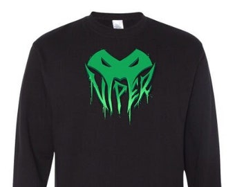 May include: Black crew neck sweatshirt with a green graphic of a stylized viper head and the word "VIPER" in a dripping font. The design is centered on the chest. The sweatshirt has long sleeves and a ribbed hem and cuffs.