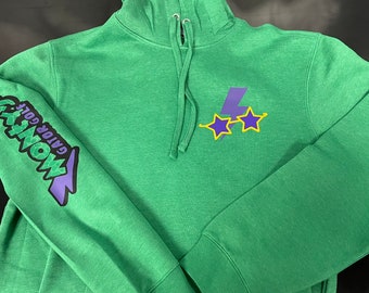 May include: Green hooded sweatshirt with a purple lightning bolt and two yellow stars on the front. The left sleeve has a purple and black graphic that says "Gator Golf, Mow's".
