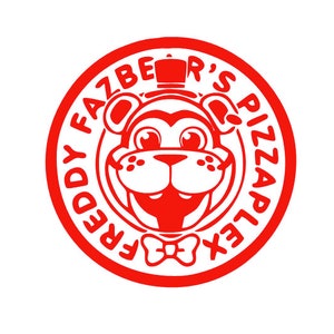 Peut inclure: Logo rouge et blanc pour Freddy Fazbear's Pizza. Le logo représente un ours de dessin animé portant un chapeau haut de forme et un nœud papillon.