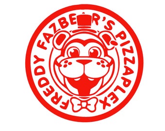 May include: Red and white logo for Freddy Fazbear's Pizza. The logo features a cartoon bear with a top hat and bow tie.
