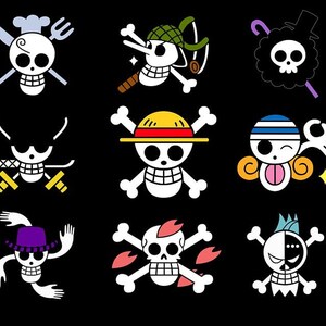 May include: Nine different skull and crossbones designs, each with a unique feature. The designs include a chef's hat, a straw hat, a bandana, a monocle, a mohawk, a pair of arms, a pair of legs, a pair of wings, and a cloud.