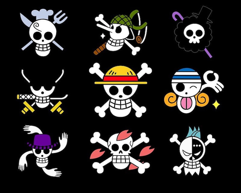 May include: Nine different skull and crossbones designs, each with a unique feature. The designs include a chef's hat, a straw hat, a bandana, a monocle, a mohawk, a pair of arms, a pair of legs, a pair of wings, and a cloud.