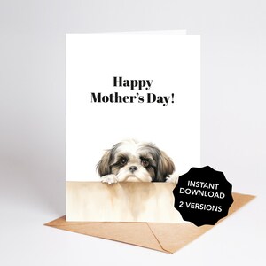 Carte de fête des mères avec enveloppe, motif chien, Shih Tzu, à imprimer à la maison (format lettre, 8,5 x 11 pouces)