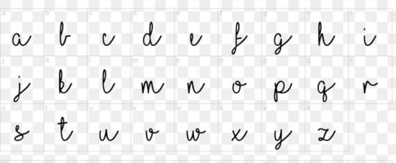 Pode incluir: Um alfabeto escrito &agrave; m&atilde;o em uma fonte cursiva. As letras s&atilde;o escritas em tinta preta em um fundo branco.