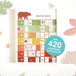 Wochenplan kinderleicht, Wochenplaner Kinder, A3, magnetisch, 420 farbige Routine-Icons, Kinderzimmer, Geschenk, Familie, Waldtiere, Poster