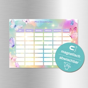 Könnte beinhalten: Ein magnetischer, abwischbarer Wochenplan mit pastellfarbenem Regenbogenhintergrund und Schmetterlingsillustrationen. Der Plan trägt die Aufschrift "Mein Stundenplan" und enthält die Wochentage. Eine runde Grafik zeigt, dass er magnetisch und abwischbar ist.