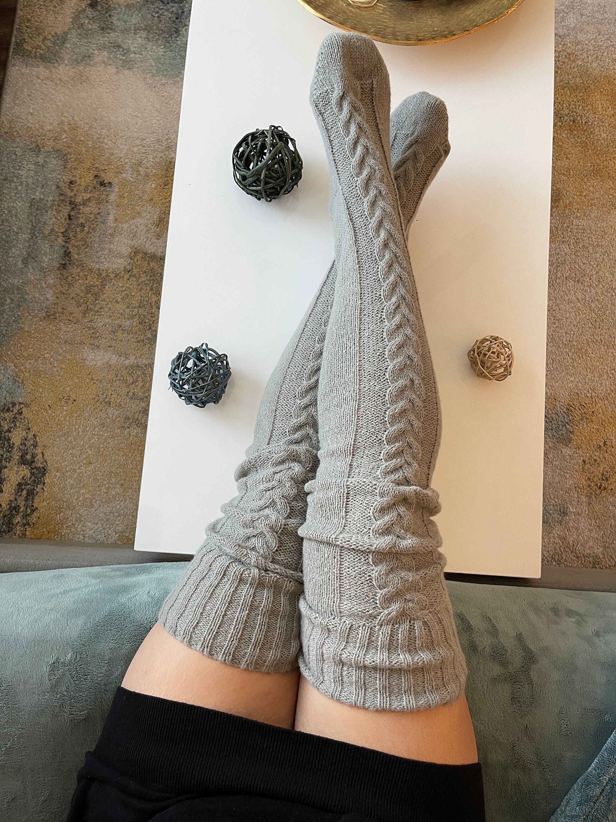 Knee Leg Warmers for Women Cable Knit Thermal Knee Socks Crochet Long Boot  Socks Knee High Cable Knit Thermal Winter Sleeve Footless Sock Leg Warmers  