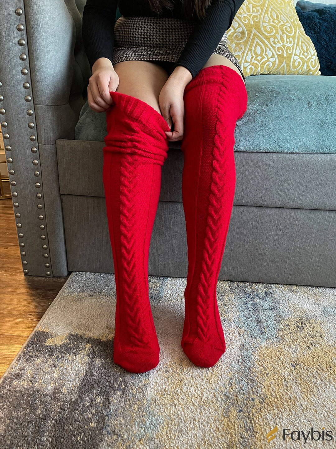 Thigh High Socks Red Leg Warmer Socks Over the Knee Lengthened Long Tube Knitted Socks Winter