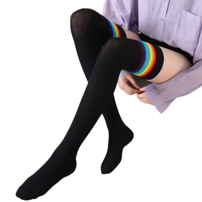 Stripe Knee High Socks Thigh High Women's Socks Rainbow Etsy