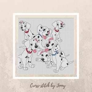 May include: Cross-stitch pattern featuring a group of seven Dalmatian puppies in various poses. The puppies are white with black spots and have pink noses and black eyes. The pattern is on a white background and includes the text "Cross-stitch by Jenny".