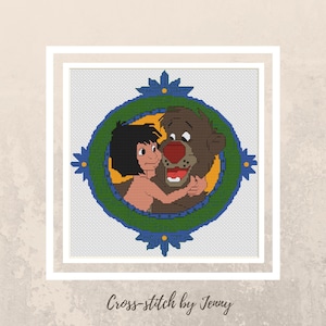 May include: Cross-stitch pattern featuring a green, blue, and yellow circular frame with a cartoon image of Mowgli from The Jungle Book hugging Baloo the bear. The text "Cross-stitch by Jenny" is below the image.