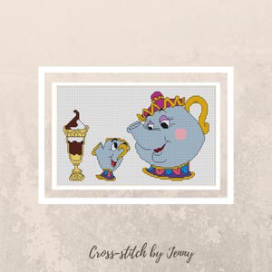 May include: Cross-stitch pattern of Mrs. Potts and Chip from Beauty and the Beast. Mrs. Potts is a blue teapot with a pink and gold crown and a pink face. Chip is a small blue teacup with a pink face. They are both smiling. The pattern includes a sundae with chocolate sauce and whipped cream.
