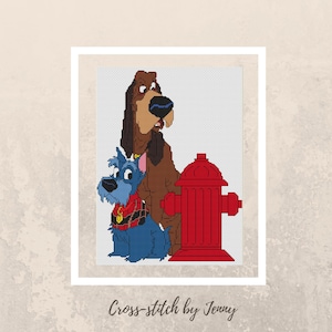 May include: Cross-stitch pattern featuring two dogs and a red fire hydrant. The larger dog is brown with a black nose and white markings. The smaller dog is blue with a white collar and a red bow tie. The fire hydrant is red with a black top and a black handle.