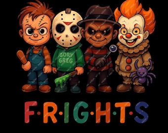 Cute Horror Frights PNG | Kid-Style Slasher Characters Halloween Design | Funny Scary Sublimation Graphic for Shirts & Stickers