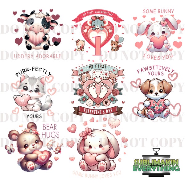 Baby's First Valentine PNG Bundle. Cute little animals Clipart. Valentine's Day Sublimation Designs. My 1st Valentine Bundle