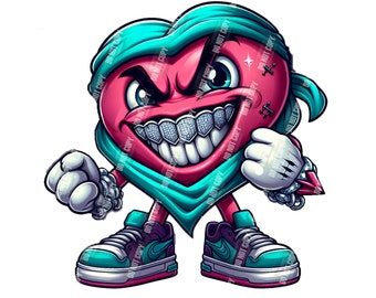Bad Heart Character with Diamond Grill - Digital Art PNG