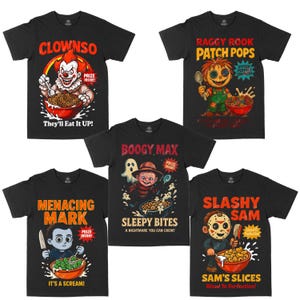Könnte beinhalten: Fünf schwarze T-Shirts mit farbenfrohen Cartoon-Grafiken. Jedes Shirt zeigt einen anderen Horror-Charakter mit Text wie "Clownso", "Raggy Rook", "Boogy Max", "Menacing Mark" und "Slashy Sam".