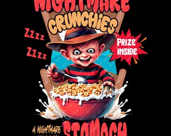 Nightmare Crunchies Getreide PNG | Lustige Horror Parodie Sublimation Design | Freddy-inspirierte Frühstücks Grafik für Halloween Shirts