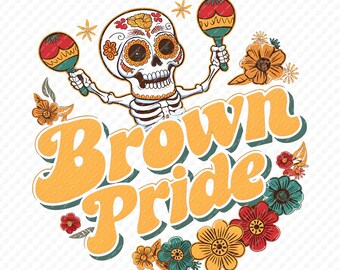 Fierté brune festive PNG, design Día de los Muertos de haute qualité, art numérique du patrimoine chicano, clipart tête de mort mexicaine en sucre