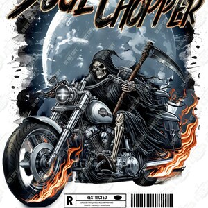 May include: A black and white illustration of the Grim Reaper riding a motorcycle with flames coming out of the exhaust. The motorcycle is labeled "Harley Davidson". The background is a watercolor-style moon with clouds. The text "Soul Chopper" is written in black and orange at the top of the image. The text "Ride Fast - Die Last" is written in orange at the bottom of the image.