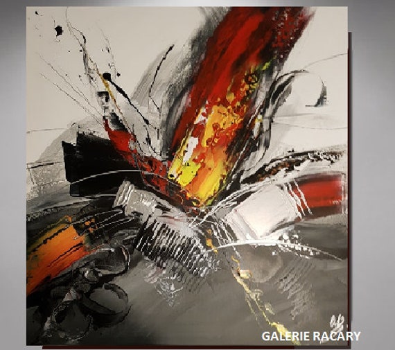 Tableau Carré Abstrait Rouge Gris Design