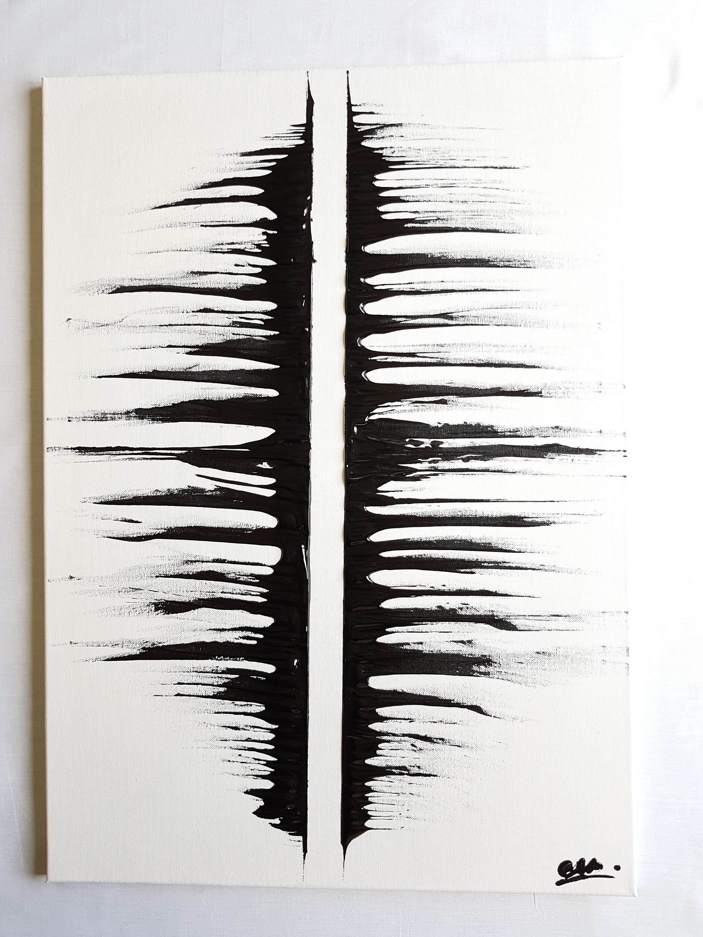 Tableau Peinture Abstrait Noir et Blanc Unique Signé 3D Texturé