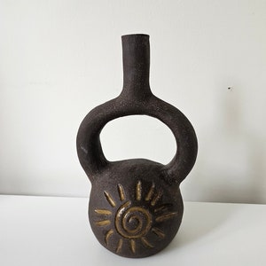 stoneware vase with aztec symbols, hand built pottery, wabi-sabi art, fine art ceramics, Housewarming gift, interior decoration image 1