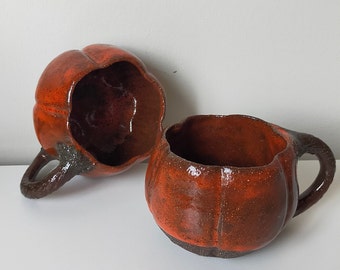 Handmade Ceramic Mug, Unique Pumpkin Mug, Winter Mug, Stoneware Pumpkin Mug, Orange Pottery Glazed Mug