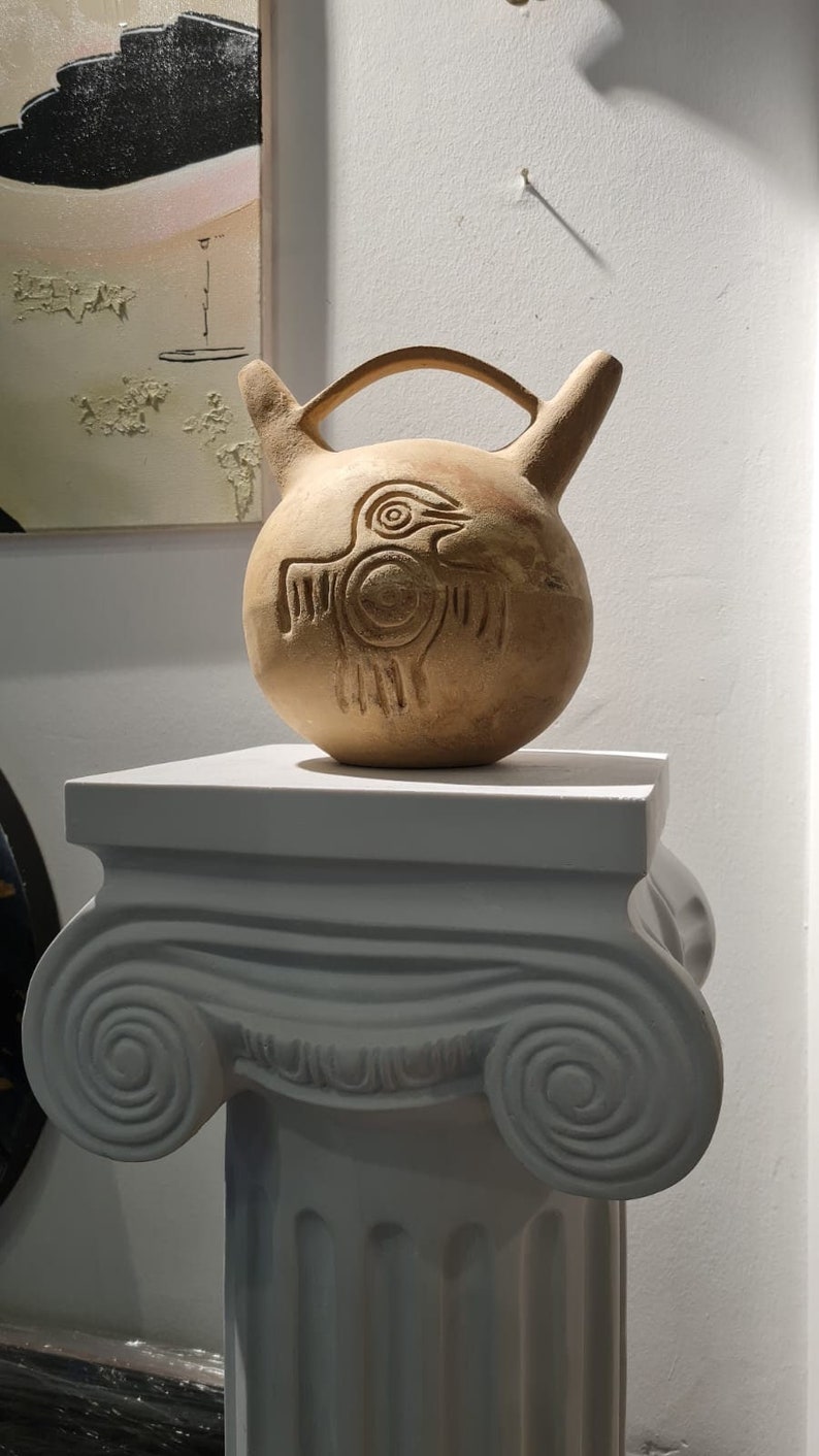 Nazca Style Double Spout Pottery Vessel, Stoneware Vase with Aztec Symbols, Interior Decoration, Unique Gifts for Mom, Mother's Day Gift image 5