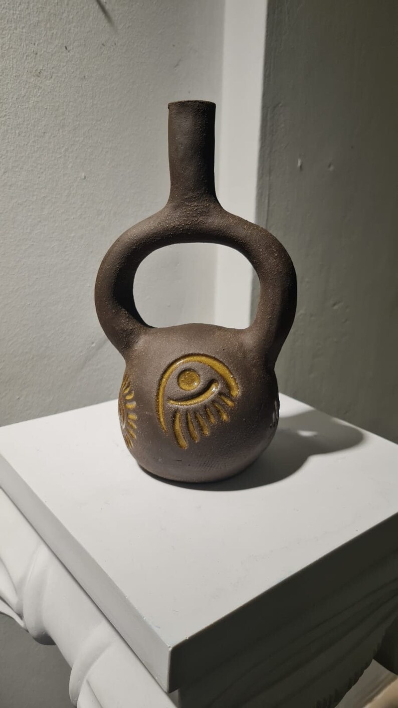 Stoneware Vase With Aztec Symbols, Hand Built Pottery, Wabisabi Art