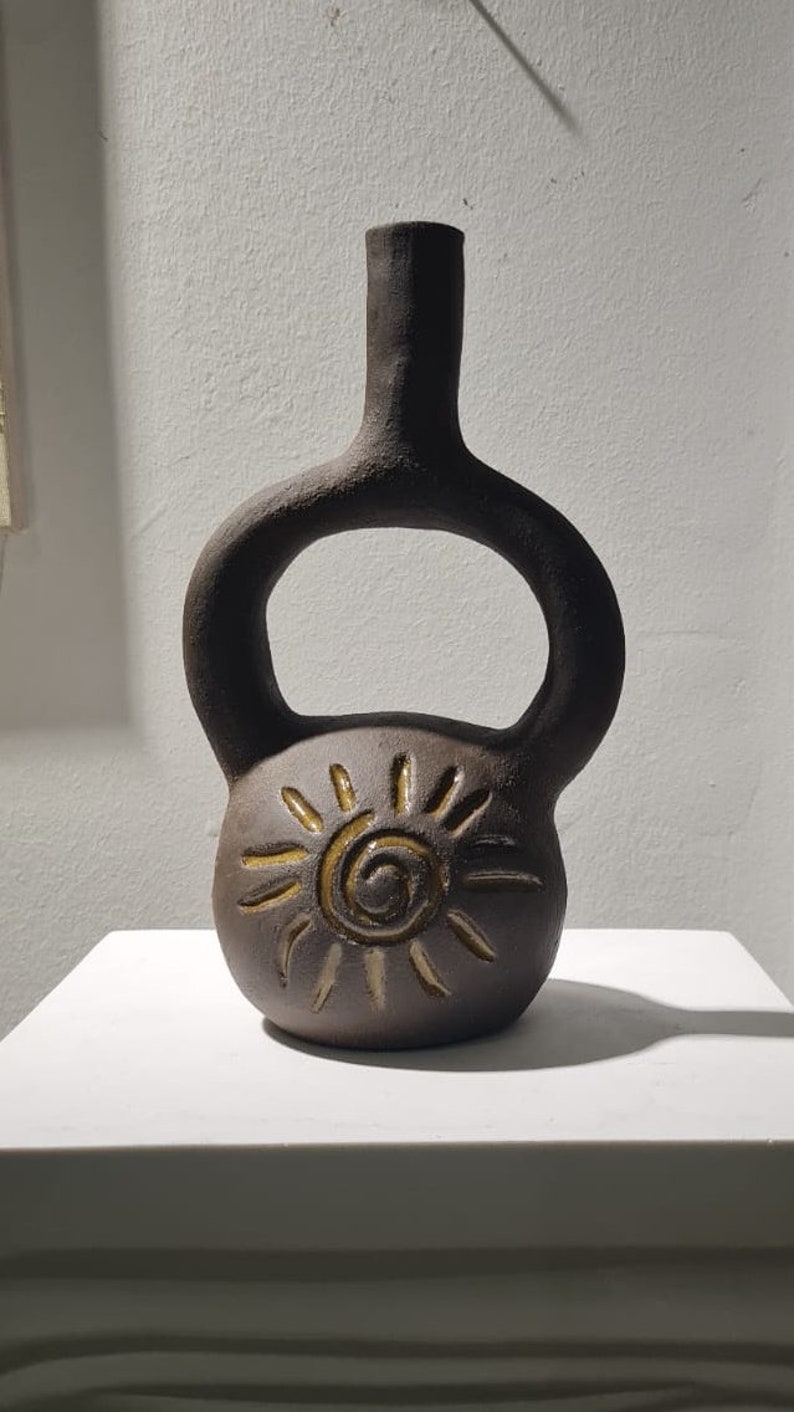 stoneware vase with aztec symbols, hand built pottery, wabi-sabi art, fine art ceramics, Housewarming gift, interior decoration image 7