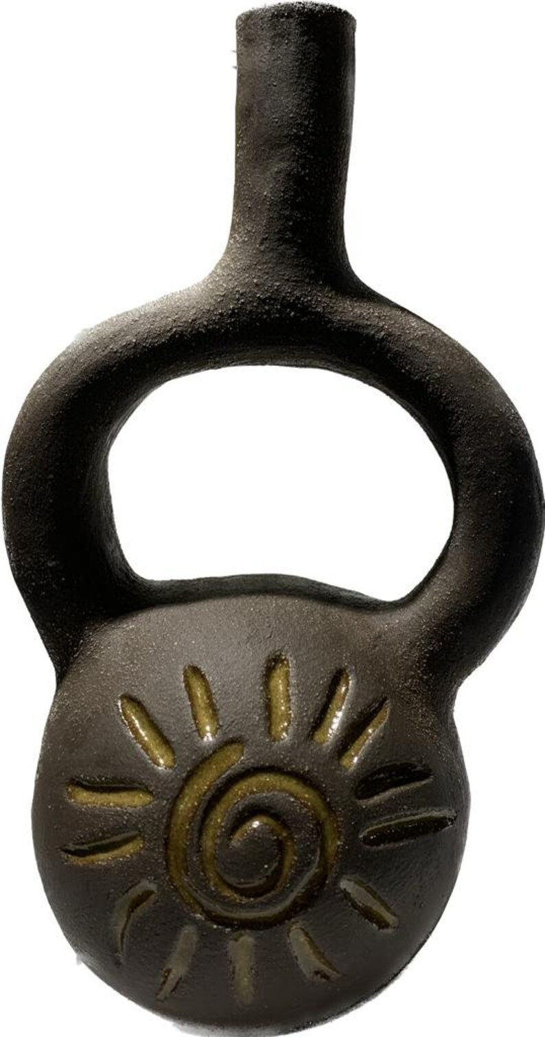 Stoneware Vase With Aztec Symbols, Hand Built Pottery, Wabisabi Art