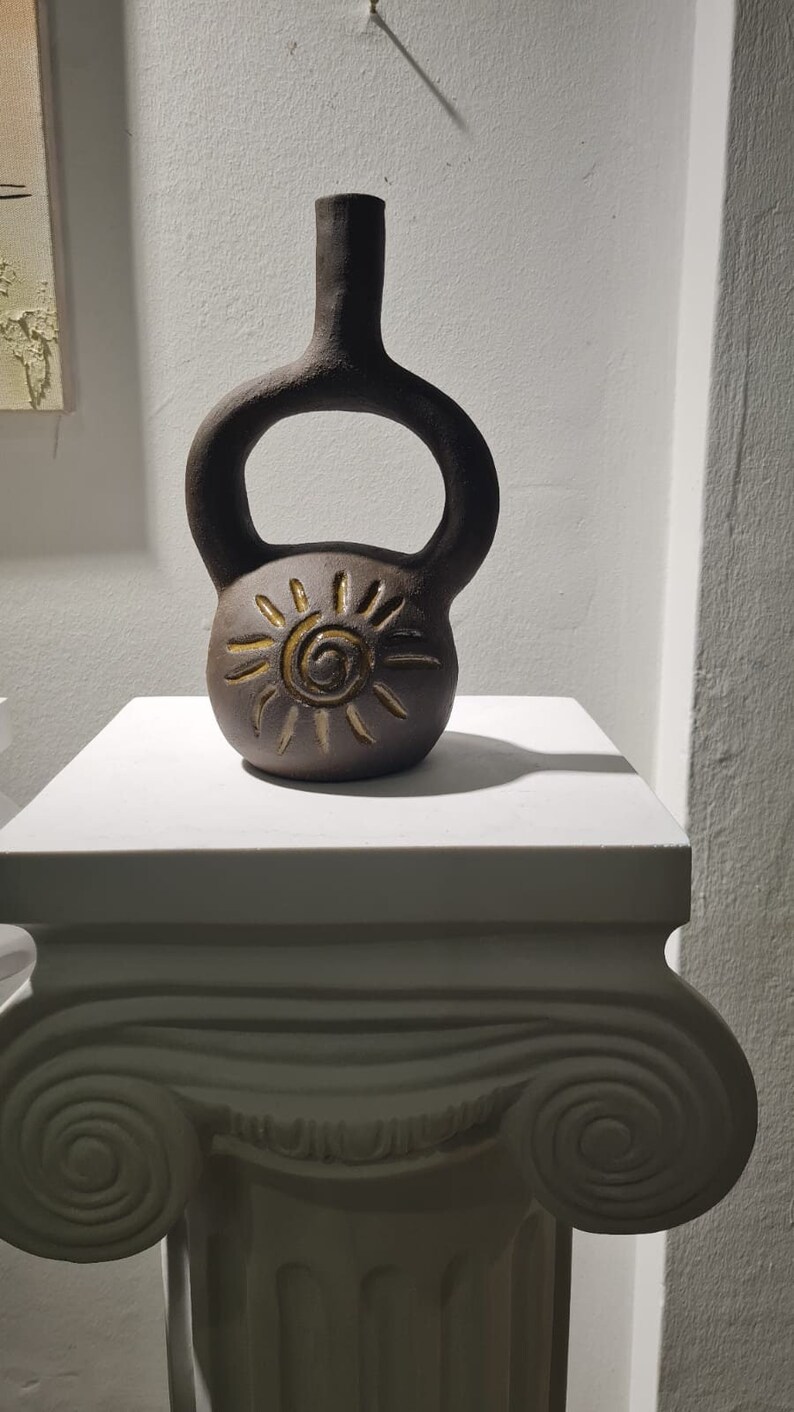 Stoneware Vase With Aztec Symbols, Hand Built Pottery, Wabisabi Art