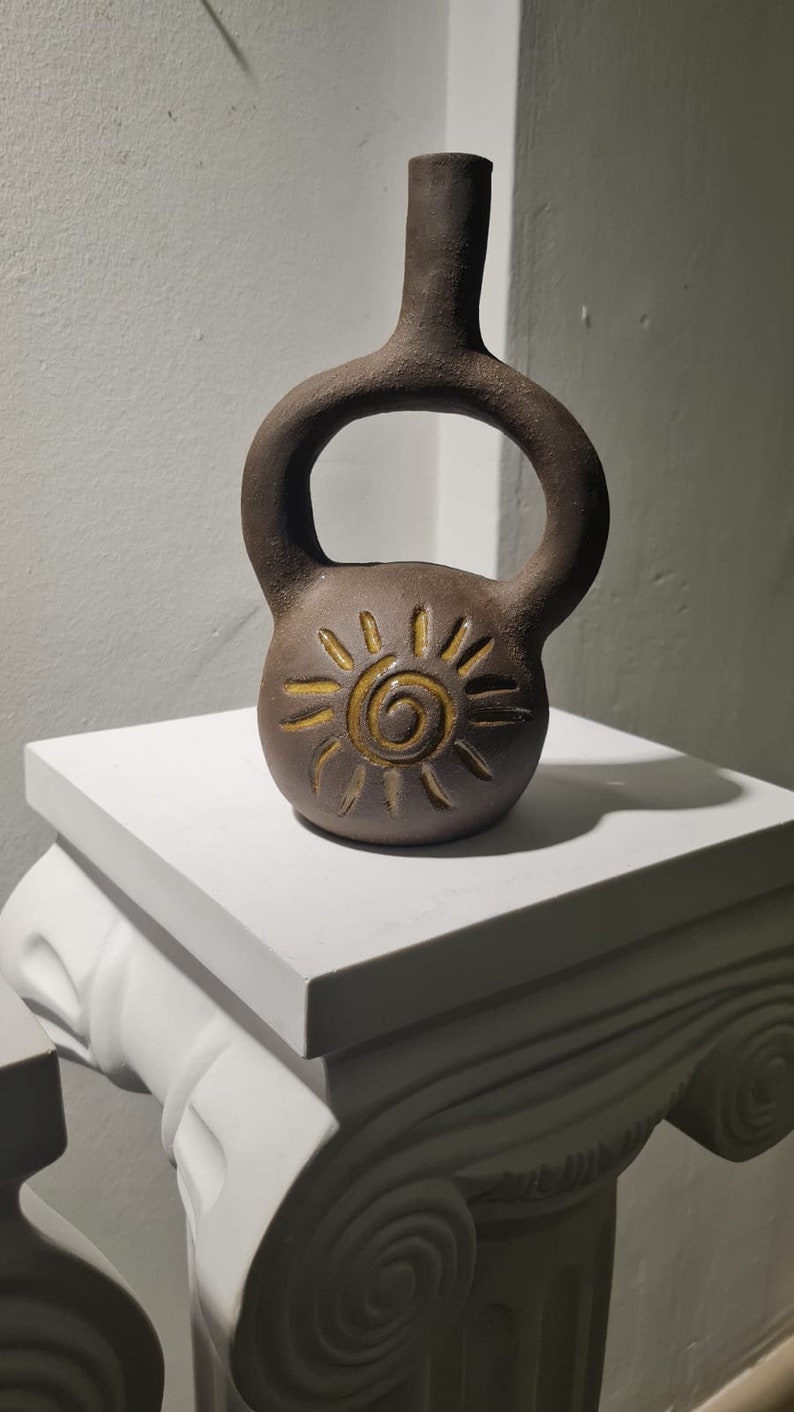 Stoneware Vase With Aztec Symbols, Hand Built Pottery, Wabisabi Art