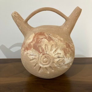 Nazca Style Double Spout Pottery Vessel, Stoneware Vase with Aztec Symbols, Interior Decoration, Unique Gifts for Mom, Mother's Day Gift image 9