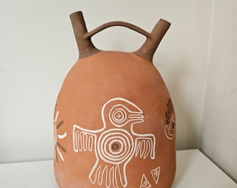 Nazca Style Double Spout Pottery Vessel,  Stoneware Double Spout Bottle, Ancient Pottery, Interior Decoration, Mother's Day Gift,