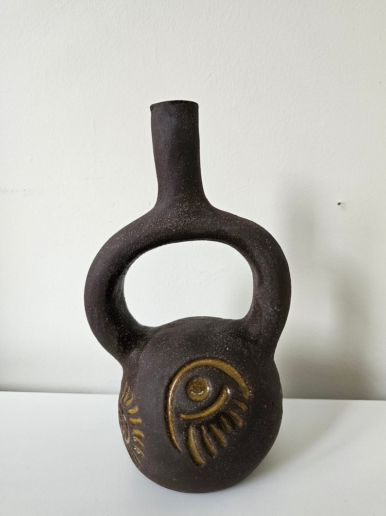 stoneware vase with aztec symbols, hand built pottery, wabi-sabi art, fine art ceramics, Housewarming gift, interior decoration image 10