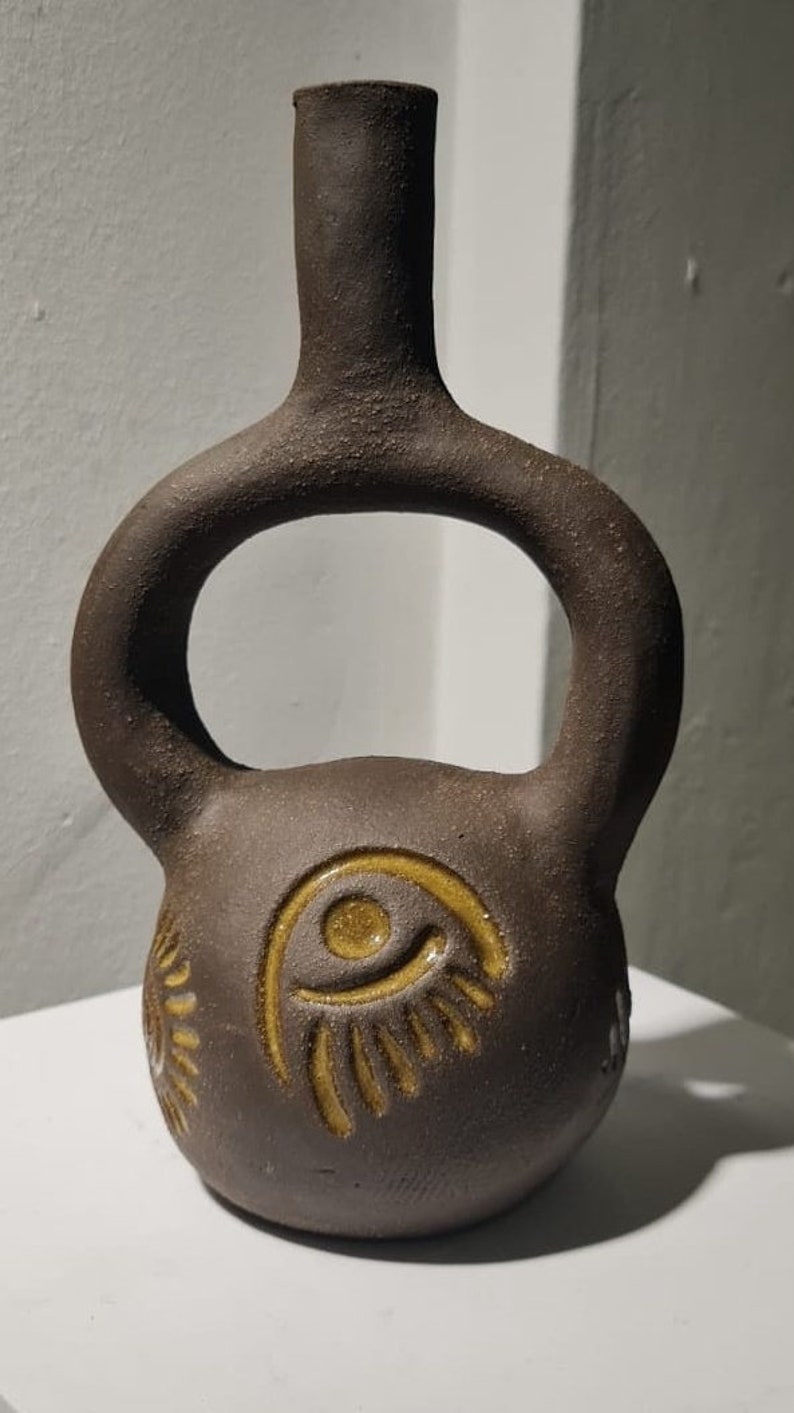 stoneware vase with aztec symbols, hand built pottery, wabi-sabi art, fine art ceramics, Housewarming gift, interior decoration image 4