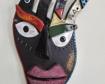 Abstract Wall Mask with Evil Eye, Picasso Wall Art, Kimmy Cantrell Art, Unique Ceramic Gift for Mom, Home Decoration, Mother's Day Gift