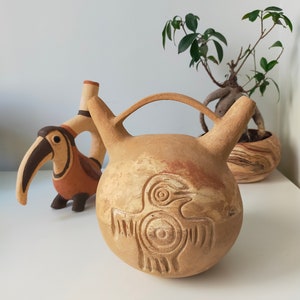 Nazca Style Double Spout Pottery Vessel, Stoneware Vase with Aztec Symbols, Interior Decoration, Unique Gifts for Mom, Mother's Day Gift image 7