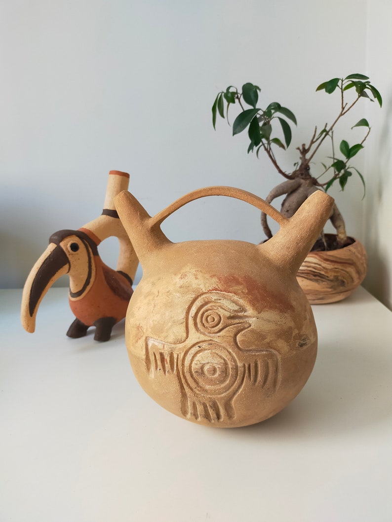 Nazca Style Double Spout Pottery Vessel, Stoneware Vase with Aztec Symbols, Interior Decoration, Unique Gifts for Mom, Mother's Day Gift image 7