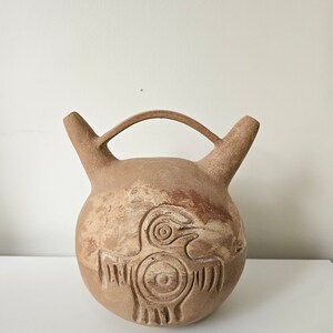 Nazca Style Double Spout Pottery Vessel, Stoneware Vase with Aztec Symbols, Interior Decoration, Unique Gifts for Mom, Mother's Day Gift image 1