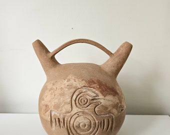 Nazca Style Double Spout Pottery Vessel, Stoneware Vase with Aztec Symbols, Interior Decoration, Unique Gifts for Mom, Mother's Day Gift