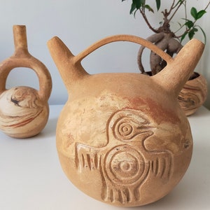 Nazca Style Double Spout Pottery Vessel, Stoneware Vase with Aztec Symbols, Interior Decoration, Unique Gifts for Mom, Mother's Day Gift image 6