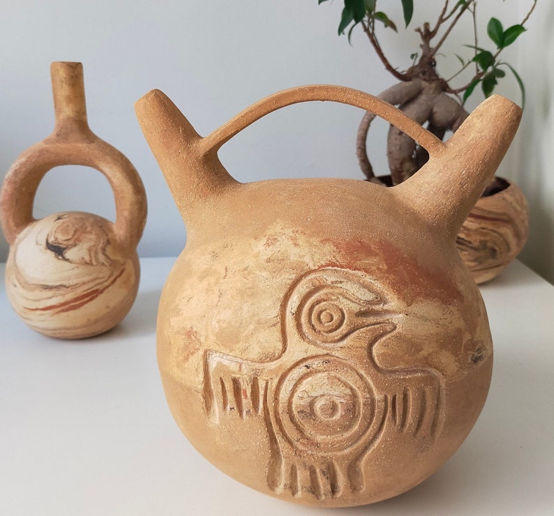 Nazca Style Double Spout Pottery Vessel, Stoneware Vase with Aztec Symbols, Interior Decoration, Unique Gifts for Mom, Mother's Day Gift image 6